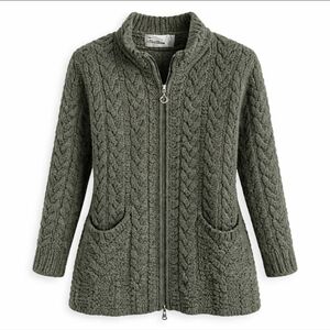 Aran Crafts Ireland Merino Wool Cable Knit Zip Cardigan XS Grey Green